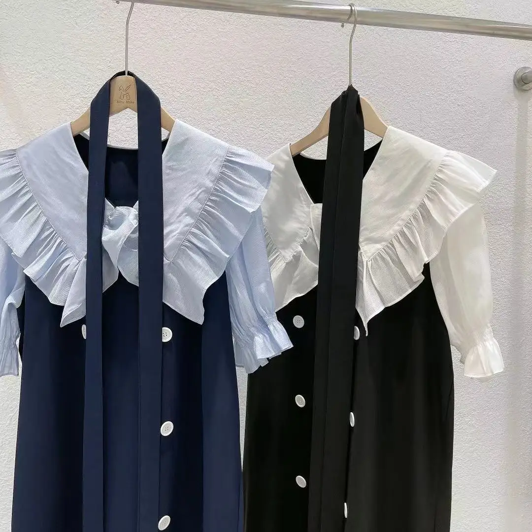 

Can be compared with the original version of cheap a few pieces of crisp fake two piece patchwork dress Ruffle Skirt