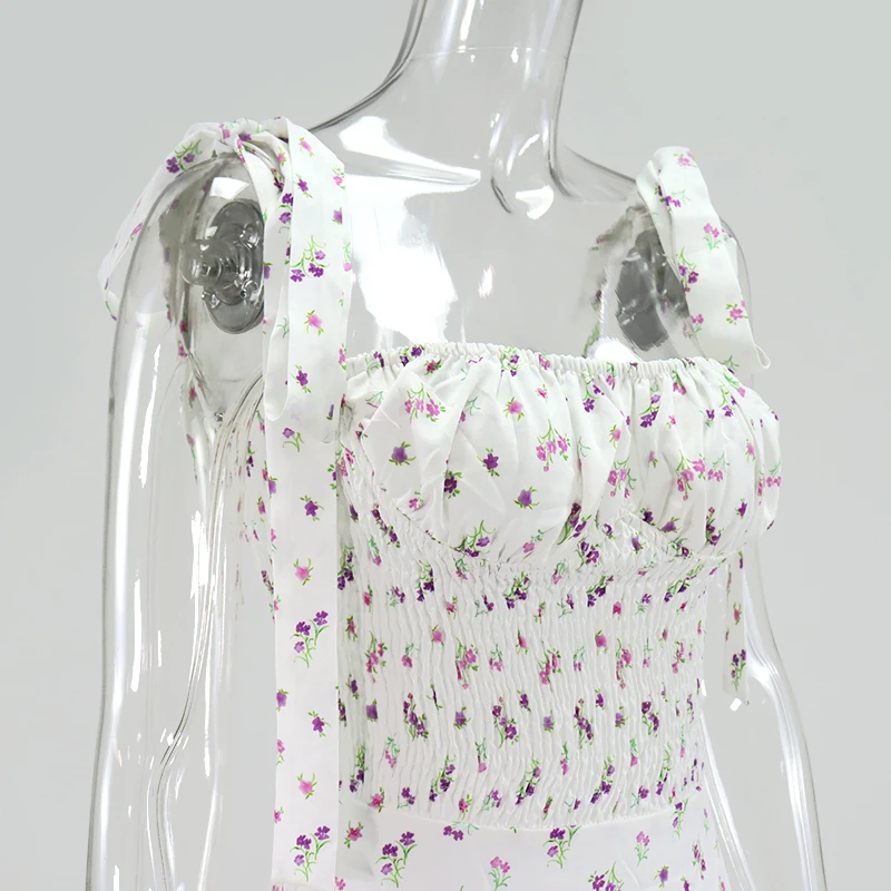 

2021 Floral A-line Dress Women Sexy Spaghetti Straps Tie Up Bow Waist Pleated Mini Dresses Summer Vacation Style Beach Dress