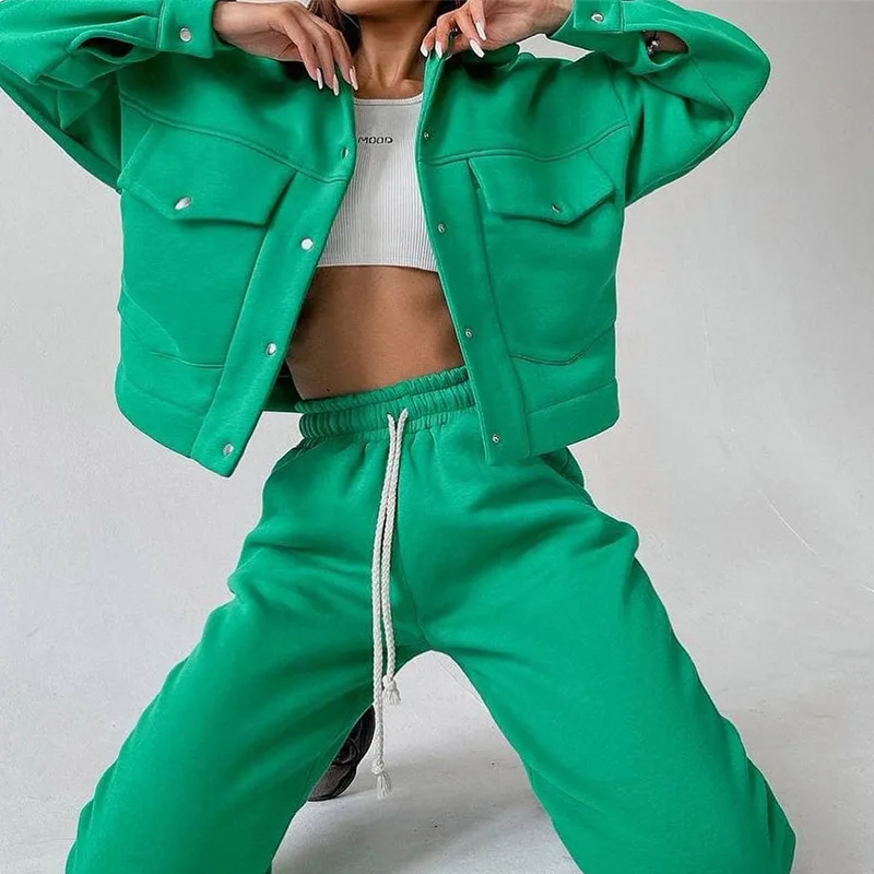 

Women Casual Two Piece Sets Autumn Winter Fashion Female Warm Suits Turn-Down Collar Jacket And Drawstring Trouser Tracksuits