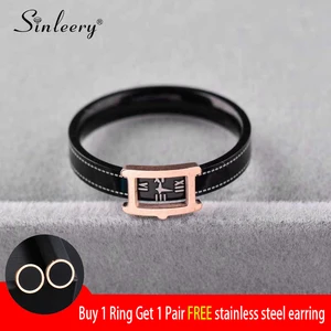 SINLEERY Chic Watch Shape Stainless Steel Rings Rose Gold Color Black Strap Rectangle Rings For Wome in Pakistan