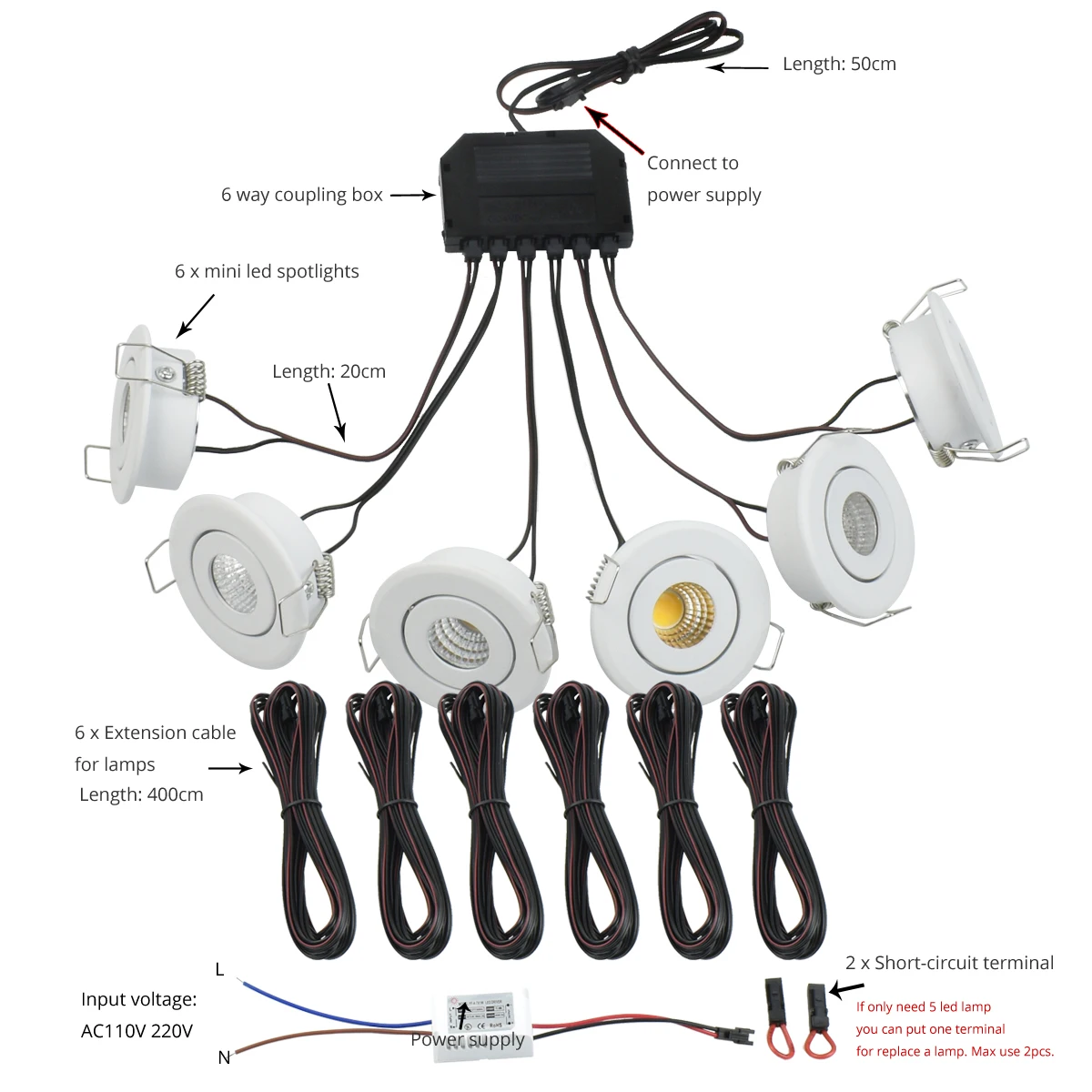 Встраиваемый светильник для шкафа 3 Вт 6 шт. в наборе с удлинительным кабелем 4 м