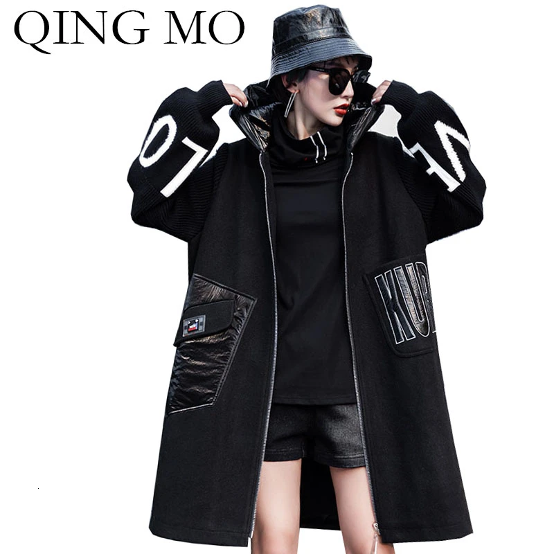 QING MO Черное Женское пальто с капюшоном 2019 буквенным принтом ветровка уличная
