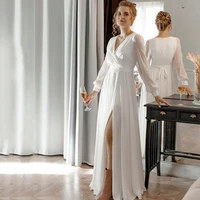 modest jersey a line long sleeve wedding dress 2021 elegant v neck pleats floor length zipper back bridal gowns with side slit