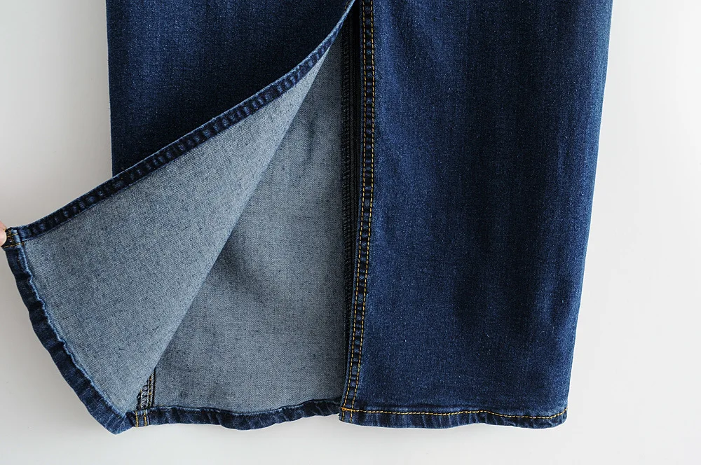 

Ladies Midi High-Waist Jeans Skirt Slim Female Summer Fashion Solid Blue Two Buttons Women Pocket