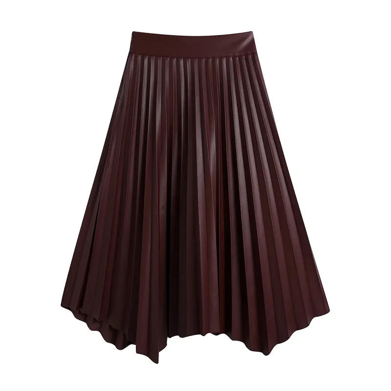 

Snican solid autumn winter faux leather pleated skirt za 2020 women faldas mujer femme asymmetric vintage sexy long skirt female
