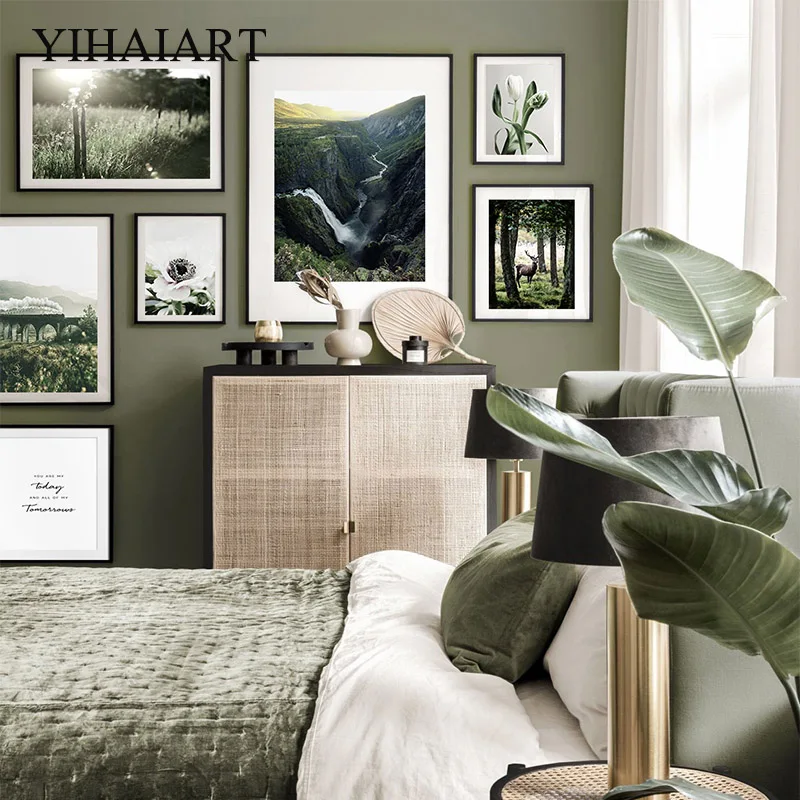 Природа горы восход пейзаж плакат лес олень животное стены искусства печать