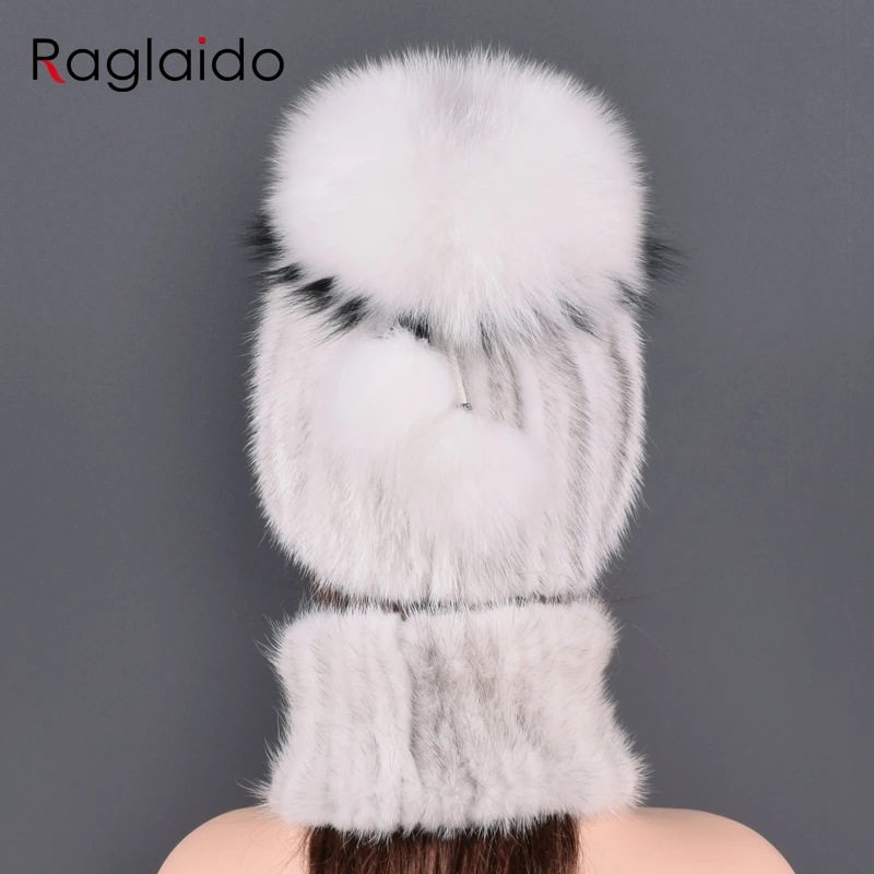

New Natural Mink Fur Hat Scarf Suite winter women's hats Real Mink Fur cap High Quality Women 100% Genuine mink collar for lady