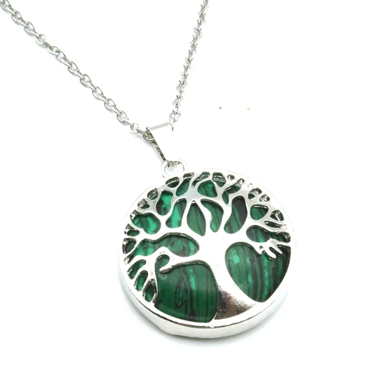 Malachite 12 цветов Дерево жизни ожерелья Круглый натуральный каменный розовый кварц белый кристалл лазурит тигровый глаз Опал Подвески ювелирные изделия - Окраска металла: Malachite