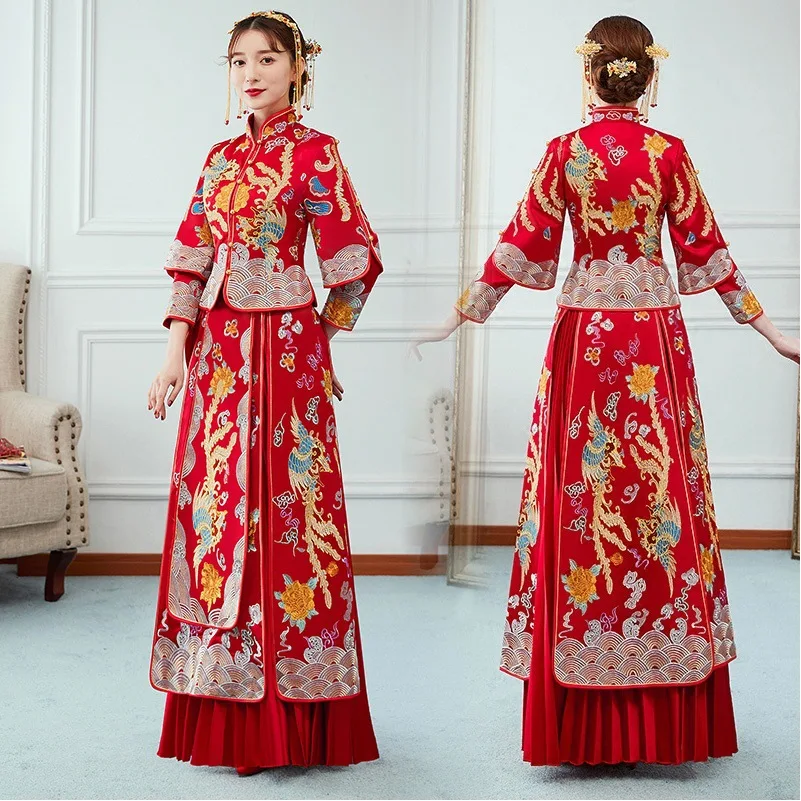 

Китайское свадебное платье с драконом для невесты изысканный Чонсам с цветочной вышивкой Феникс элегантный свадебный костюм Ципао вечерни...