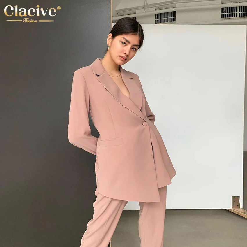 

Модный розовый офисный женский костюм Clacive 2022, зимние свободные прямые брючные костюмы, женский Повседневный блейзер с брюками с высокой та...