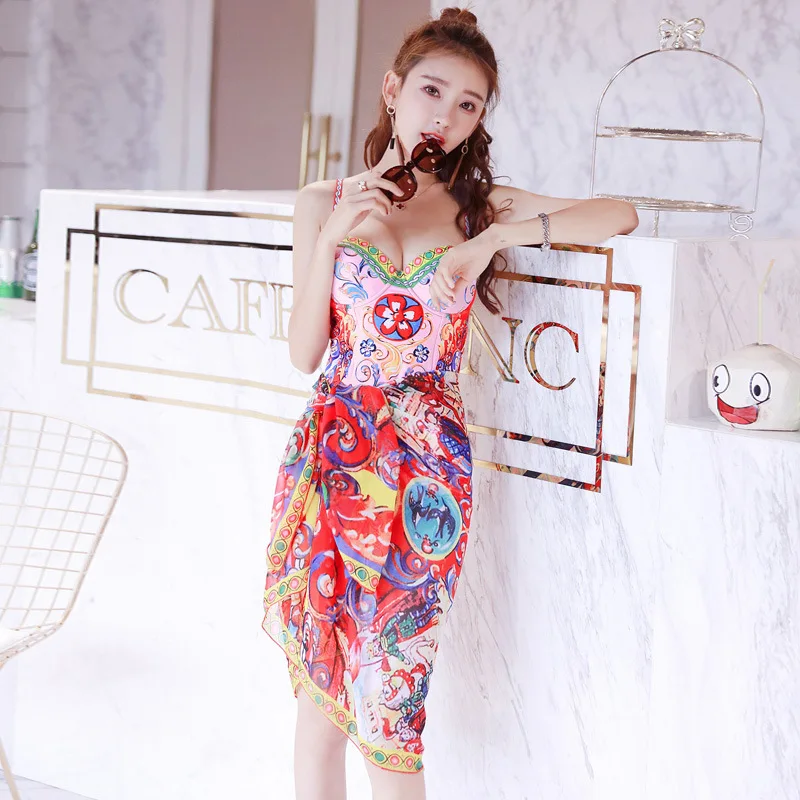 

2021 New Swimwear Halter One Piece Swimsuit Ruched Padded Bathing Suits Women Slimming Vintage Printing Bikini Swim
