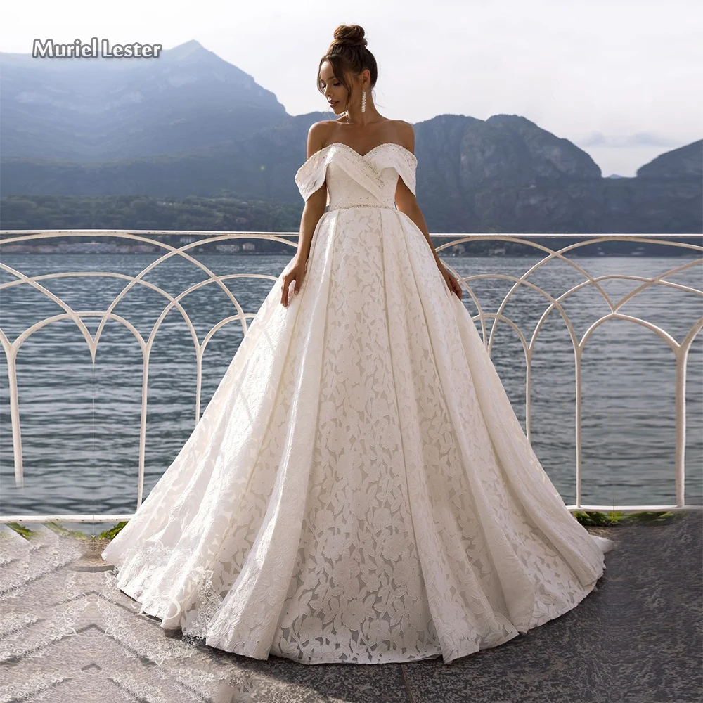

Full Lace Appliques Off The Shoulder Wedding Dresses 2020 Short Sleeves Ball Gown Bridal Dress Custom Made V Neck Vestidos Novia