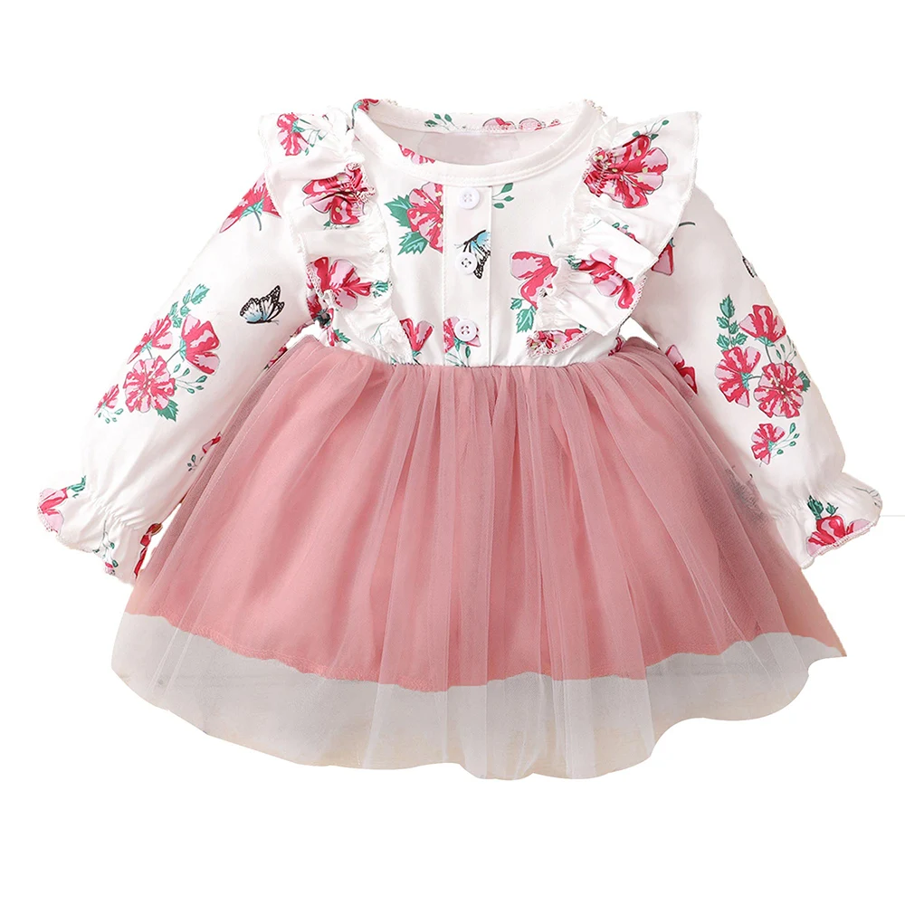 

Newborn Baby Girls Ball Gown Floral Print Round Neck Mesh Dress Fashion Long Sleeve Ruffle Button Patchwork Party Infant Dresses