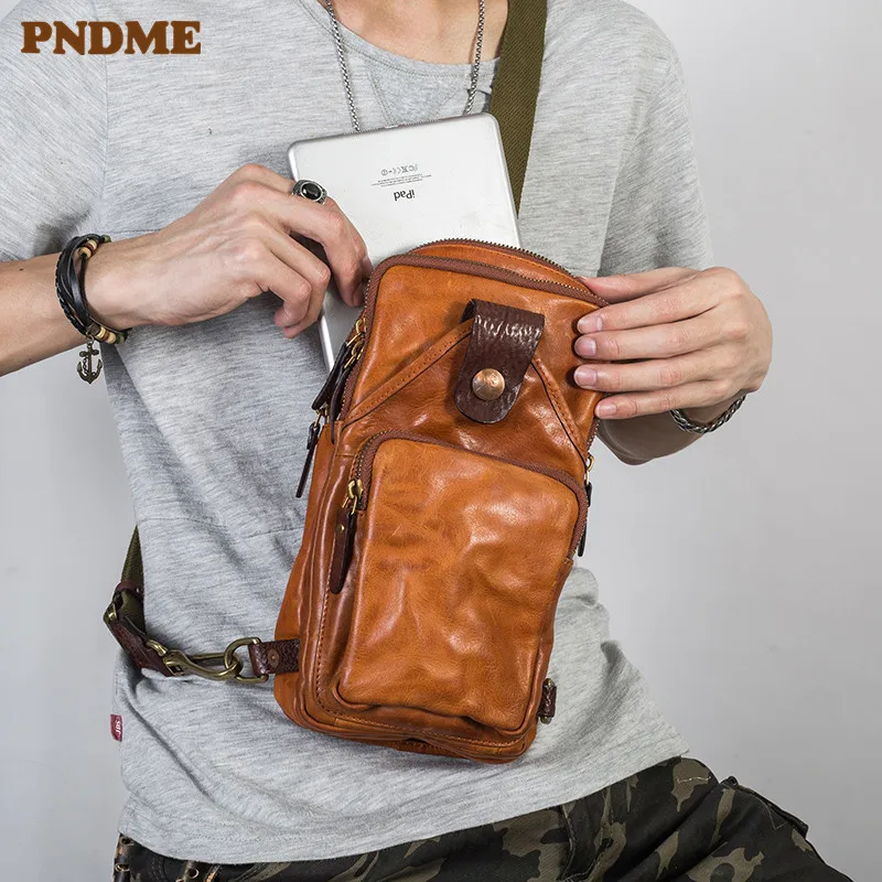 PNDME vintage high quality genuine leather men's chest bag fashion casual real cowhide designer luxury shoulder messenger bags