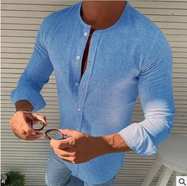 Drop ship Solid cotton and hemp round neck long sleeve men's shirt