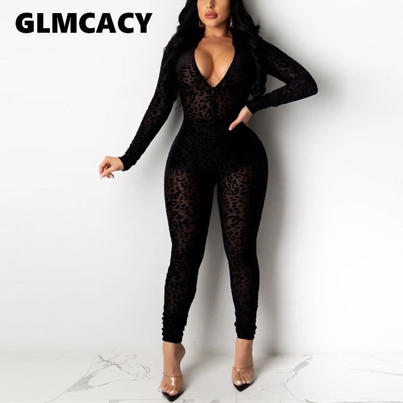 Женский сетчатый Облегающий комбинезон с длинным рукавом и глубоким V образным