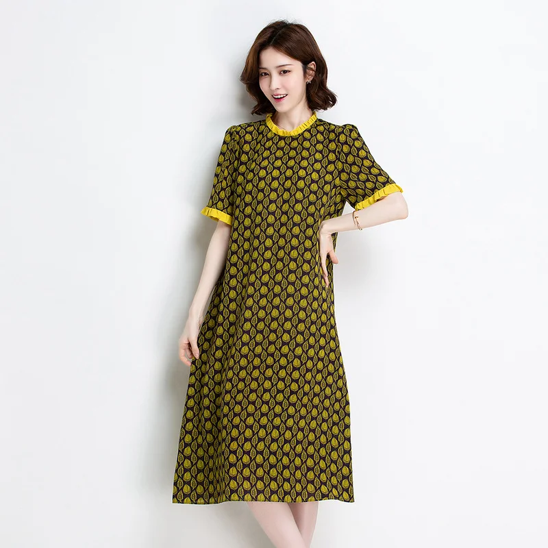 

[New summer products] Jinju summer new style short-sleeved mid-length temperament fungus silk silk dress