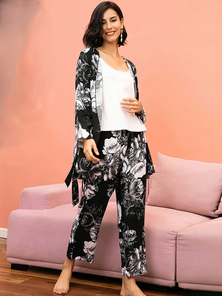 

Fashion 3 Pieces Soft Autumn Summer Women Pajamas Sets Floral Printed Sleepwear Viscose Robe Top Female Leisure Nightwear Suit