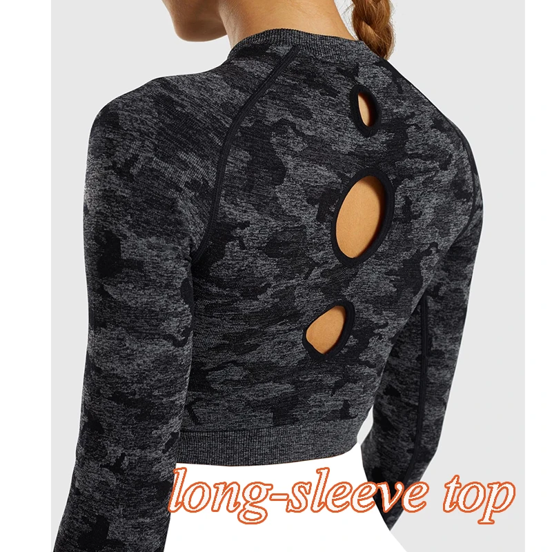 Long-sleeve Black Камуфляжной расцветки, Йога Комплект Для женщин бесшовные Фитнес бюстгальтер для йоги со спортивным бюстгальтером с рисунком камуфляж Высокая Талия тренажерный зал легинсы, штаны для фитнеса костюм тренировки - Цвет: Long-sleeve Black