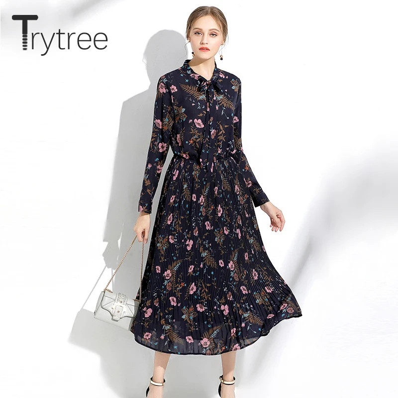 Trytree 2019 осеннее женское Повседневное платье с бантом и цветочным принтом
