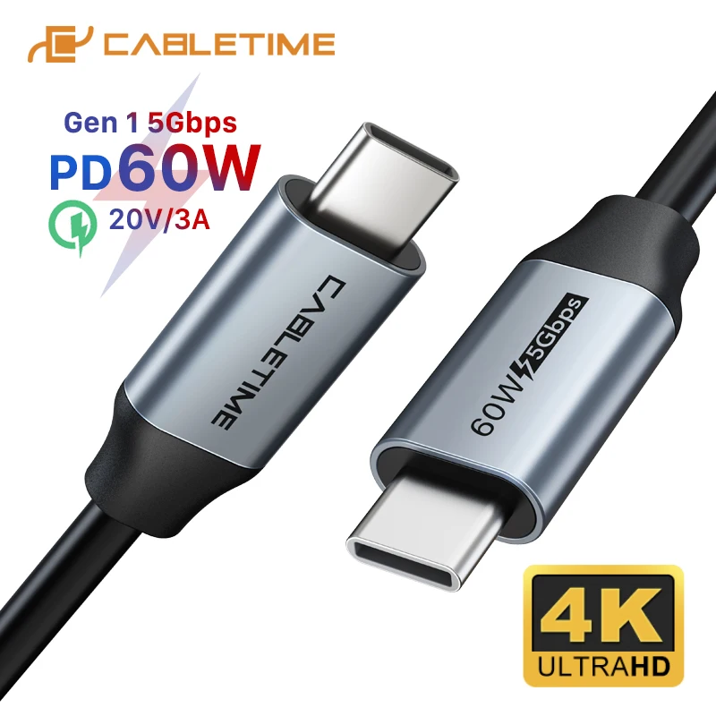 

Кабель CABLETIME PD 60 Вт USB C для видео Type C 4K USB 3,1 QC 3,0 Быстрая зарядка 5 Гбит/с для Xiaomi 10 Macbook Air Samsung S20 C372