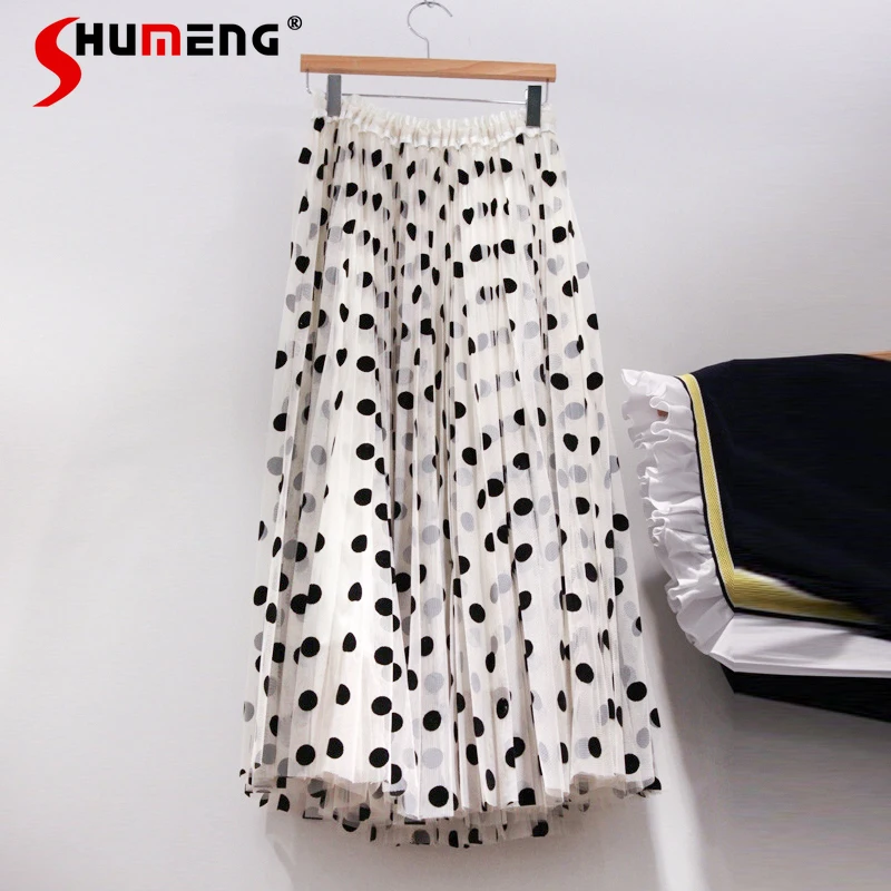 

Женская юбка в горошек, плиссированная юбка средней длины, с высокой талией, приталенная, в Корейском стиле, весна-лето, 2021