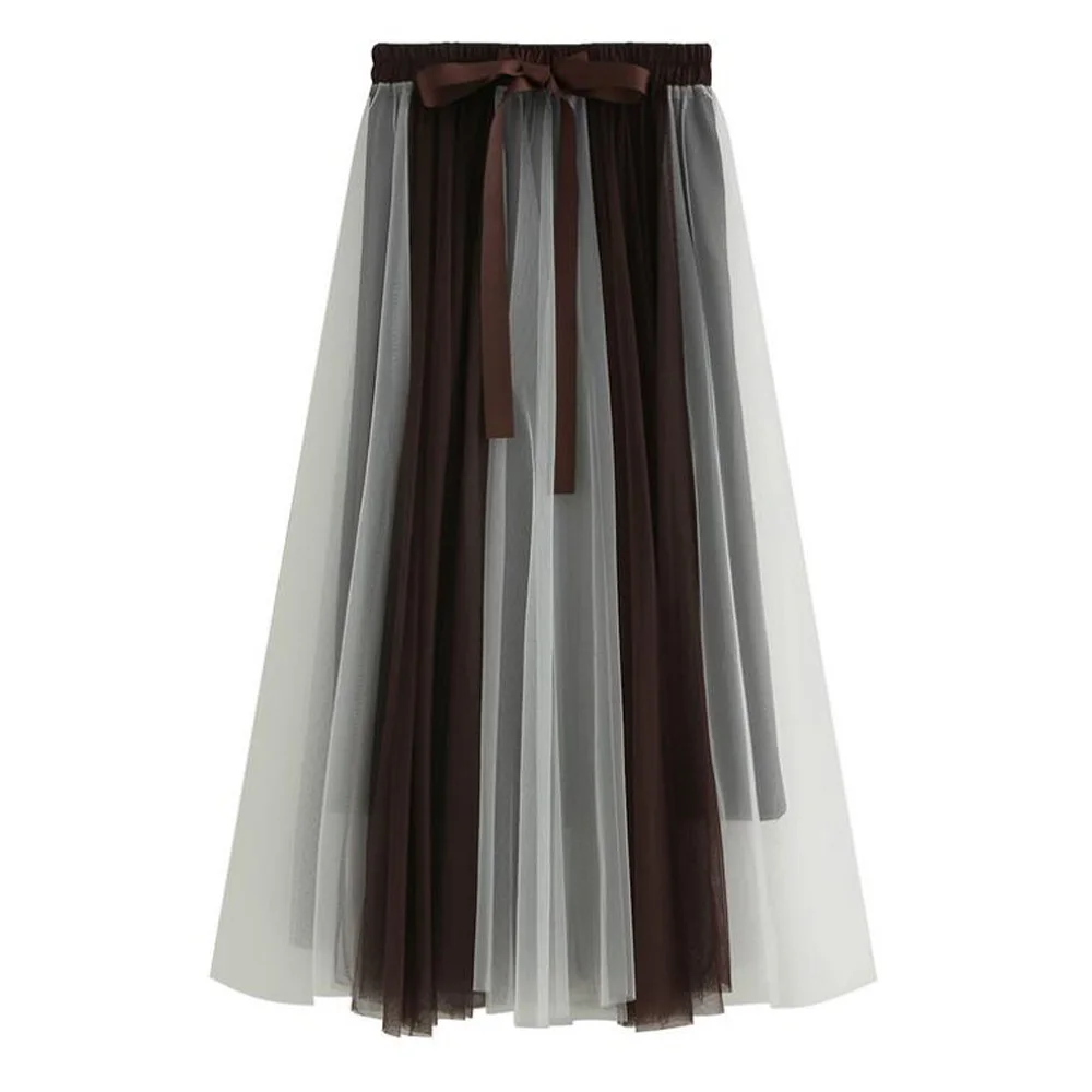 

2021 Spring Summer Mesh Tulle Skirt Women Preppy Style High Waist Patchwork School Girls Lolita Vintage Long Tutu Skirt Female