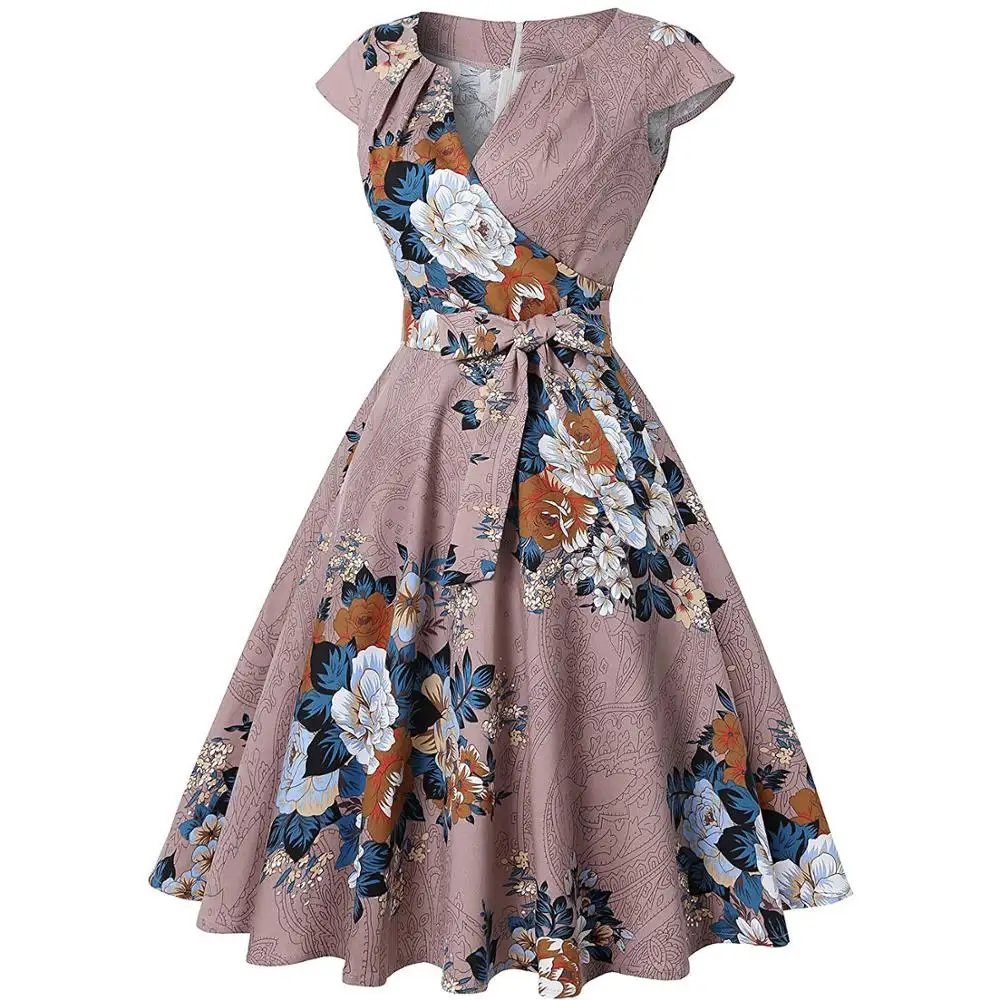 Женское винтажное платье с коротким рукавом Повседневное цветочным принтом v