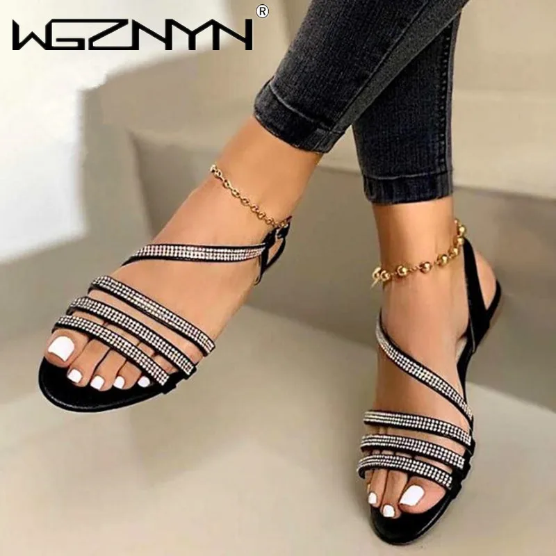 

2021 New Fashion Women Sandals Summer Style Bling Shoes Woman Casual Peep Toe Sandal Crystal Flat Open Toe Shoes Sandals Women