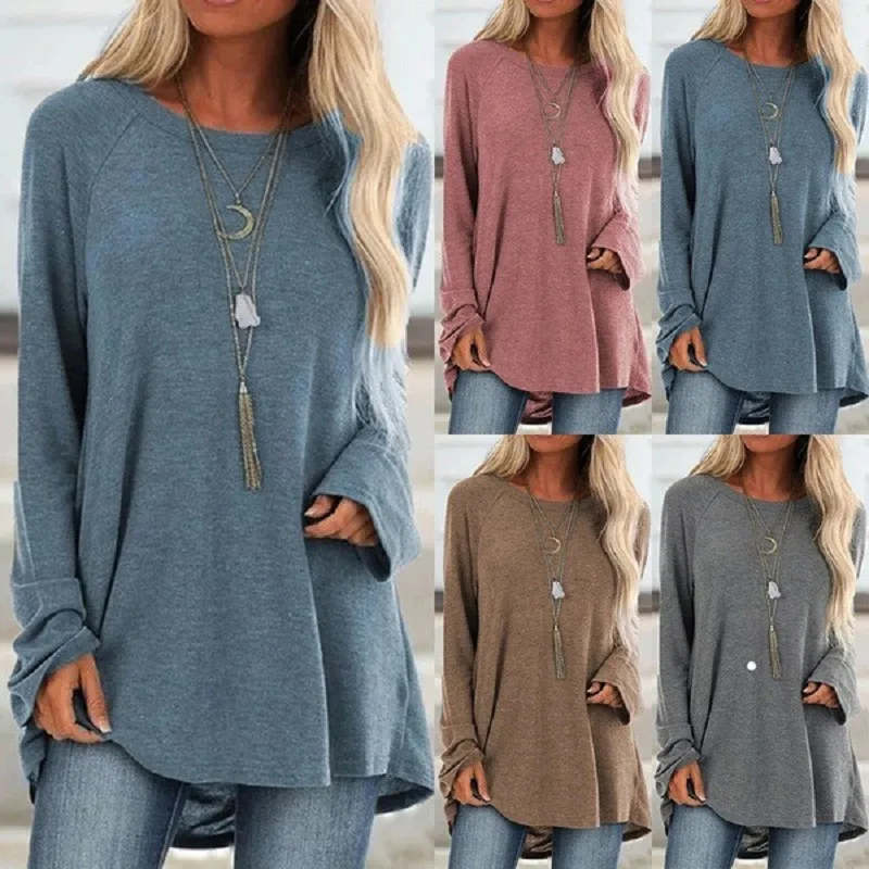 YELITE Женская футболка осень зима одежда сплошной цвет Круглый Вырез Свободный