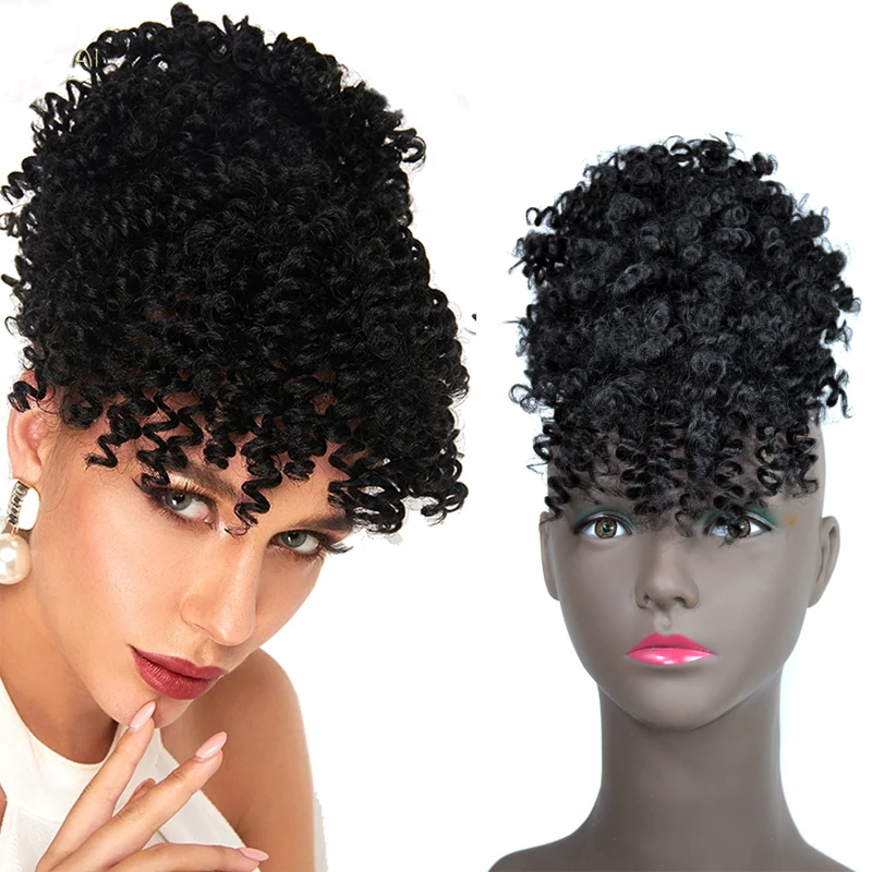 Короткий афро кудрявый хвост на шнурке с челкой накидка для парика синтетический
