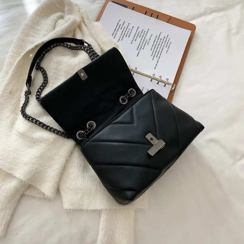 hot sale chain quilted crossbody bags for women luxury branded small unique lock handbag lady black pu leather flap shoulder bag free global shipping