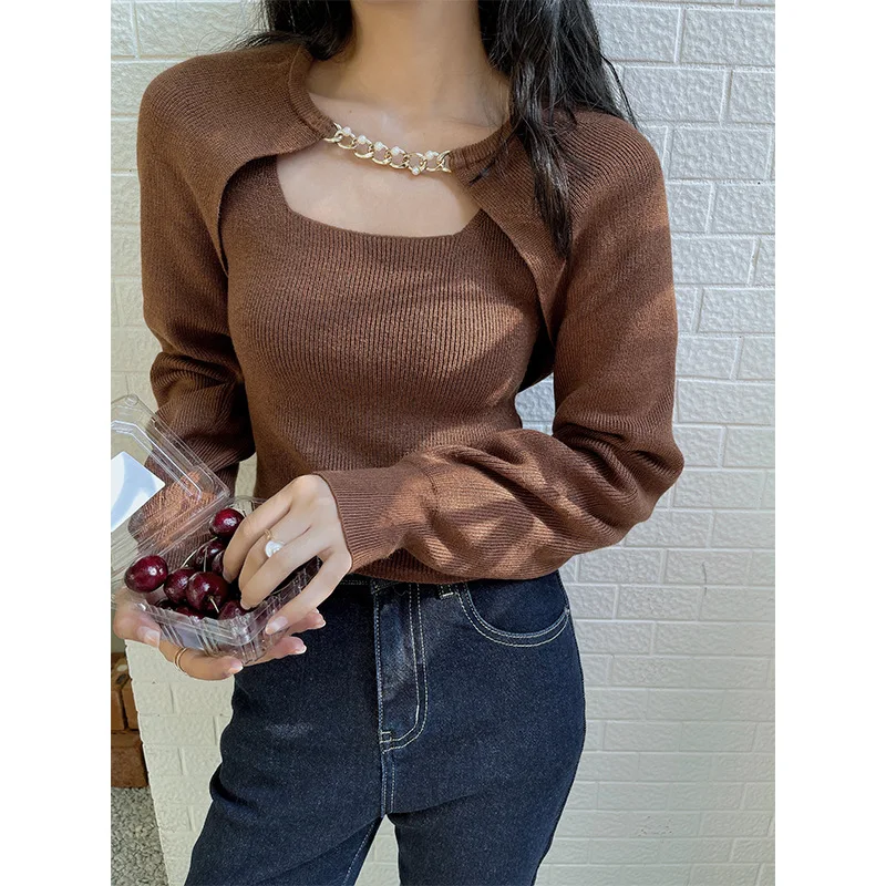 

Модный костюм для женщин осень 2021 новый тренд модная сетчатая красная дизайнерская майка с лямкой на шее и поясом трикотажный топ два компл...