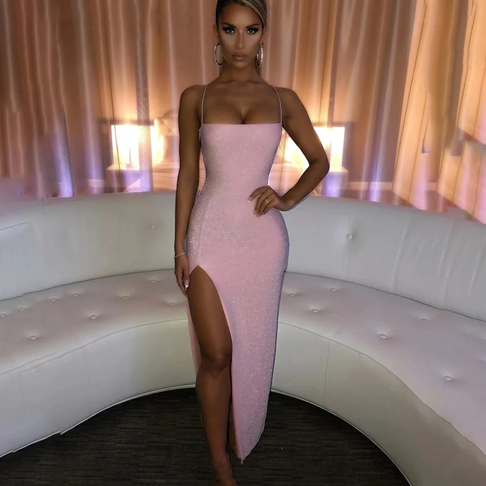 

Women Sexy Bling Long Dress Summer Spaghetti Strap Sleeveless bodycon dress Midi Backless Lace up woman dress vestido de mujer
