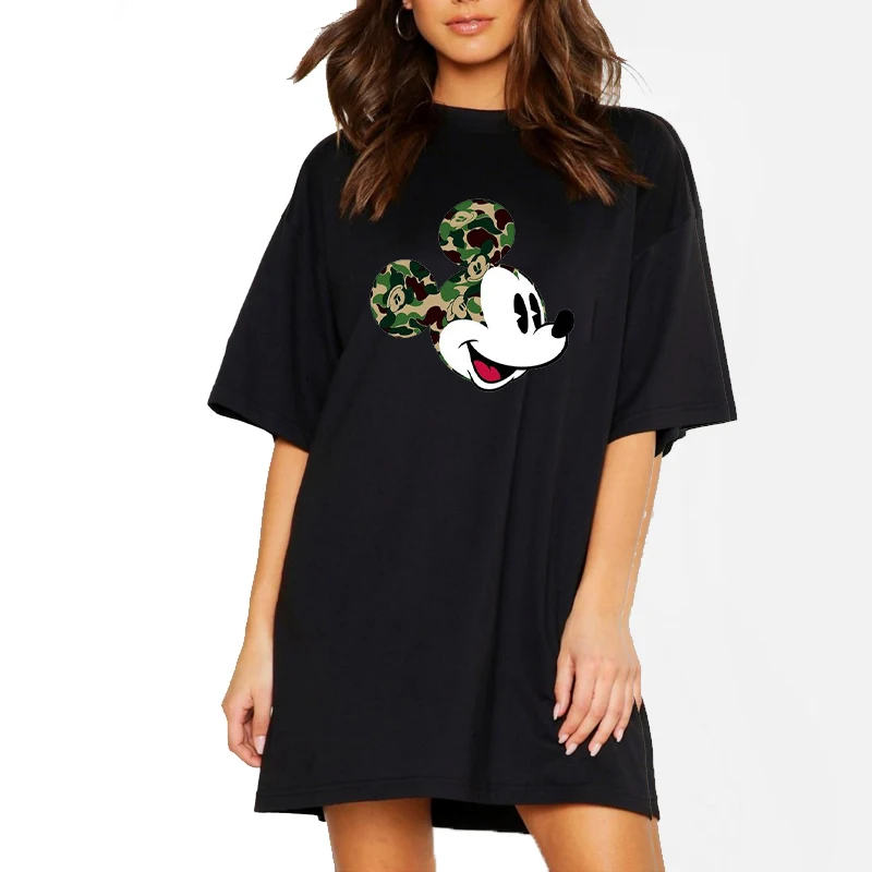 

Summer Tshirt Dresses Cartoon Lady Leopard Mickey Casual Mini Dress Short Sleeve Loose Casual White Harajuku Vestido Robes 2021