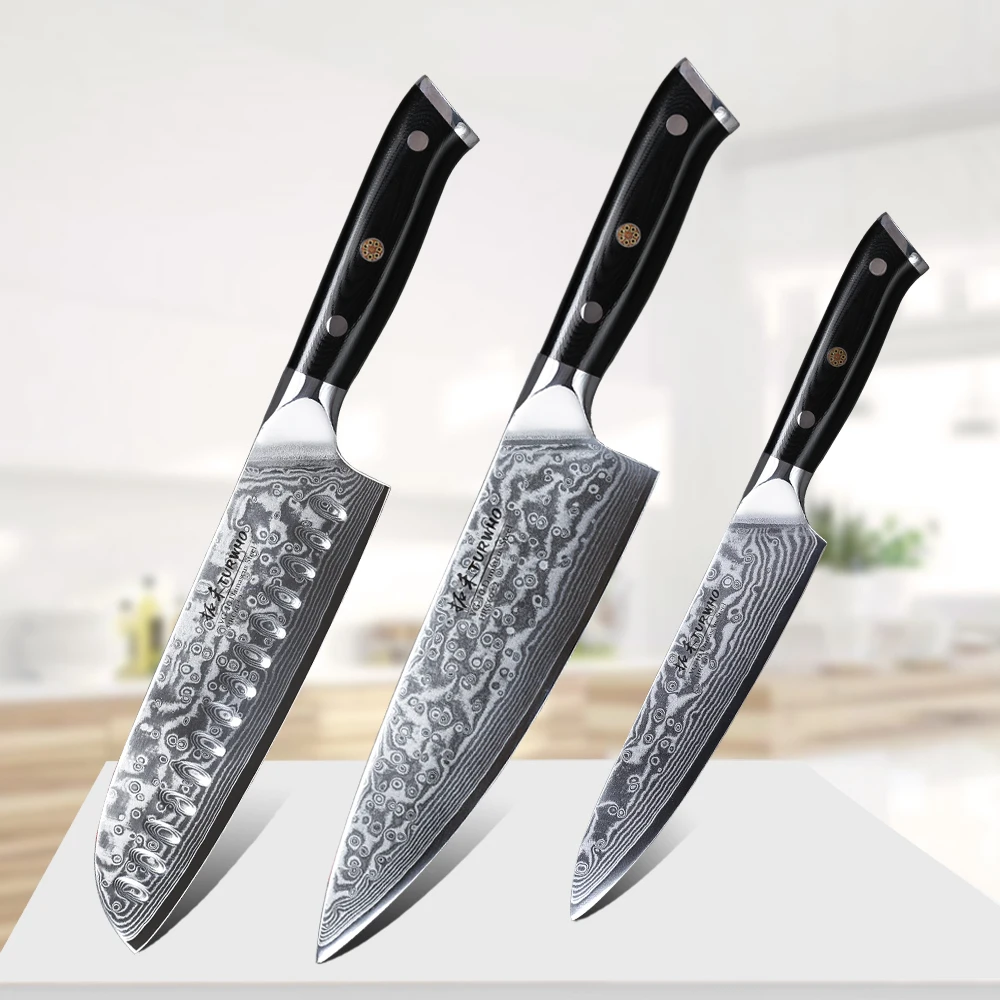 

TURWHO High Quality 3 Pieces Damascus Steel Kitchen Set Knives Japanese Santoku Utility Chef Knife Stainless Steel Cooking tools