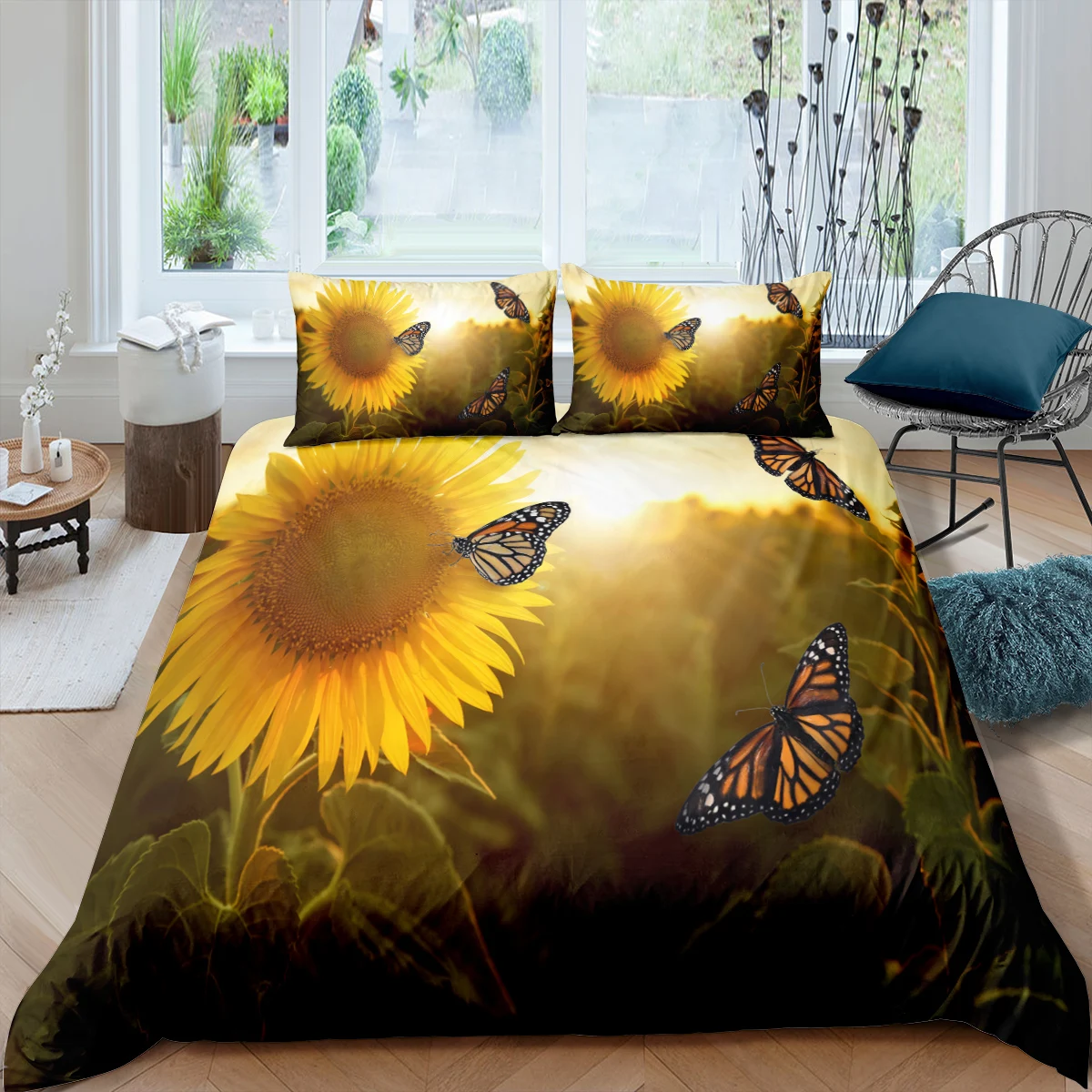 

100% Polyester Monarch butterfly Printing Bedding Set Sunflower Comforter Duvet Cover 2/3pcs Set 200x200 King Size Bedclothes