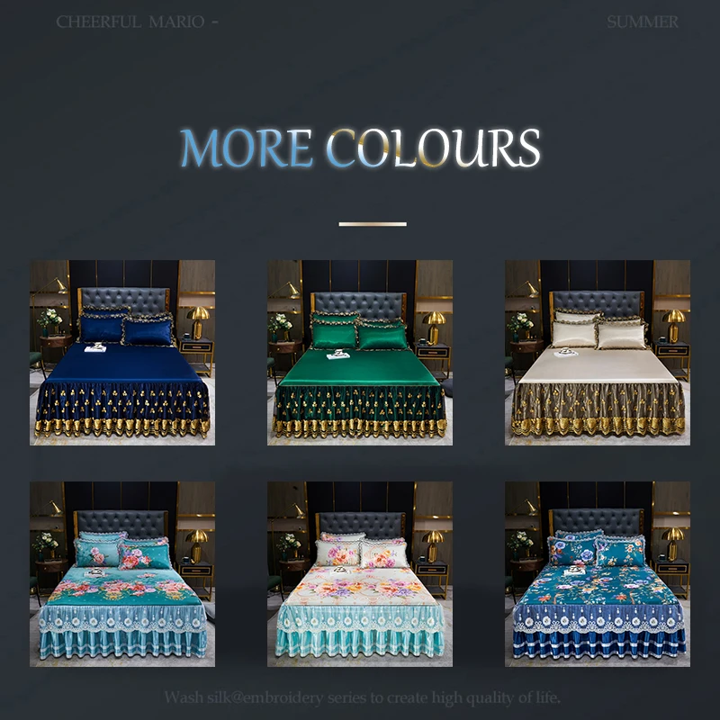 Romantic Lace Bed Skirt Home Luxury Bedding Set of King Queen Size Bed Ice Mat Folding Embroidered Sheets Bedspread with Skirt