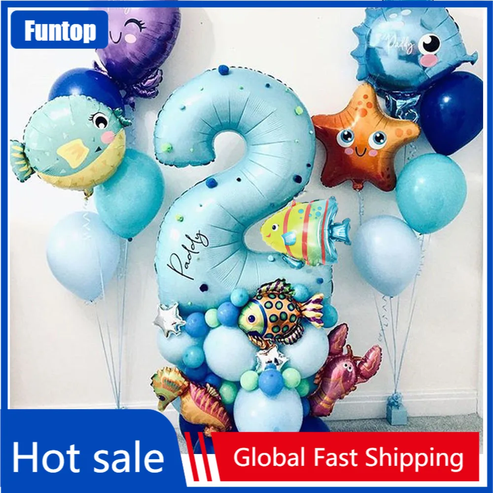 

44Pcs Under Sea Ocean World Animal Balloons Supplies Blue number balloon Sea Party Theme Kids happy Birthday Party Decoration