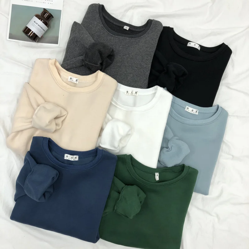 

Solid O-neck Pullovers Hoodie Woman Korea Long-sleeved Loose Sweatshirts Women Casual Plus Cashmere Women's Winter Tops 2021