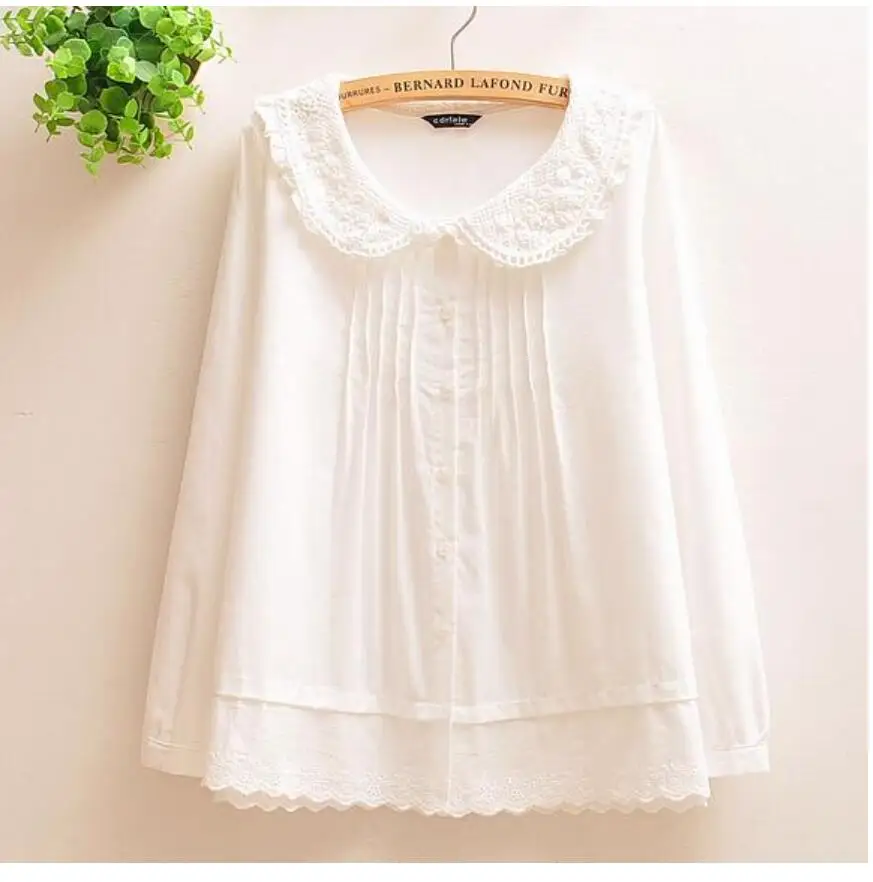 

XS-4XL----white lace lacing peter pan collar long sleeve cotton loose doll shirt blouse
