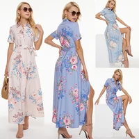 hot sale womens summer bohemian floral v neck loose empire short sleeve fashion casual belted dress midi sundress