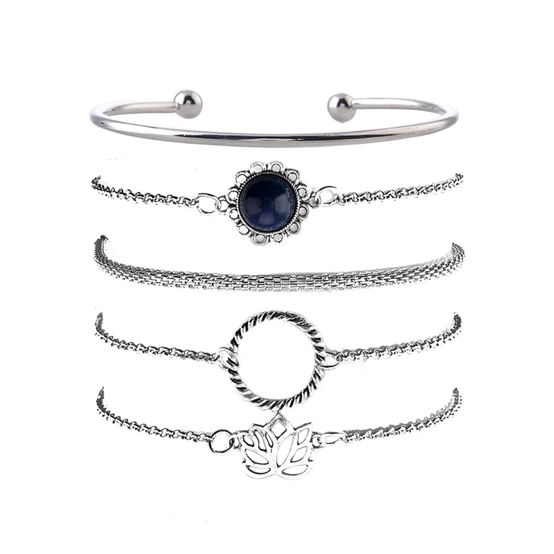5pcs/set Fashion Personality Vintage Multilayer Lotus Circle Simple Bracelet Boho Style Temperament Chain | Украшения и