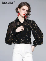 2022 spring runway chiffon shirts women long lantern sleeve turn down collar floral print button up elegant blouse blusas female