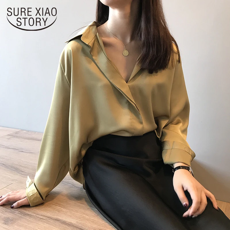 

Vintage Femme V Neck OL Style Shirts Elegant Imitation Silk Blouse 2021 Spring Women Fashion Long Sleeves Satin Blouse 5273 50