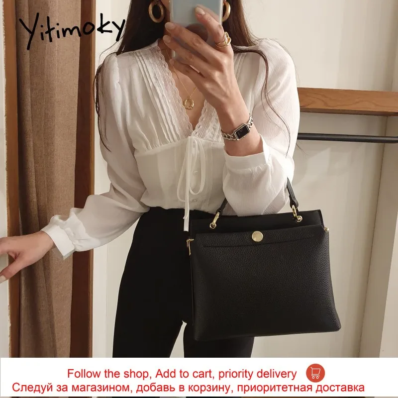 

Yitimoky Button Up Shirt Women Chiffon Long Puff Sleeve Blouse Vintage Lace Bandage V-Neck Straight Fashion Summer Casual New