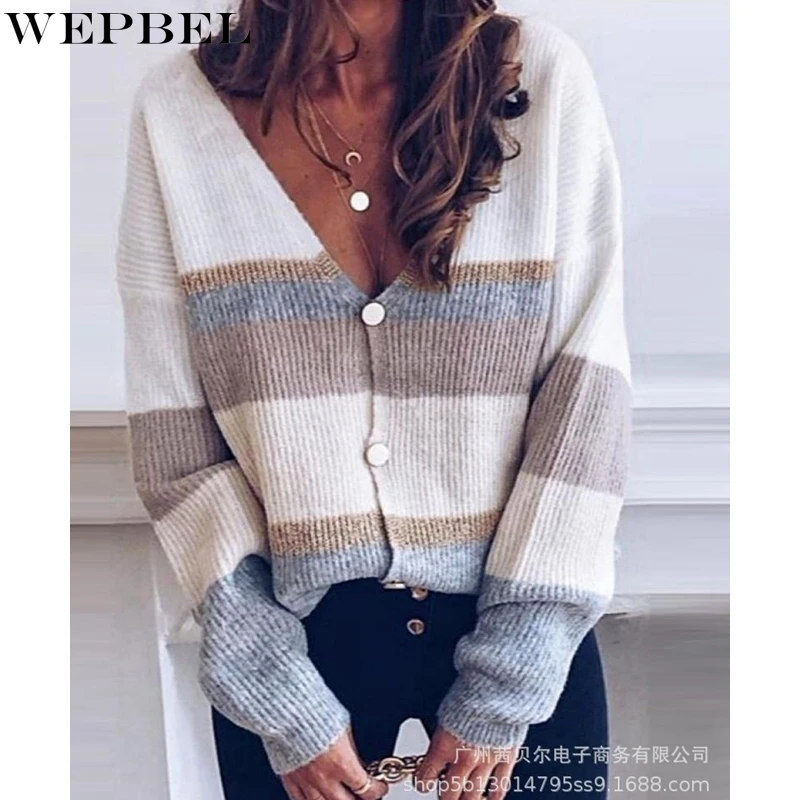

WEPBEL Cardigan Knitted Sweater Women's Casual Loose Long Sleeve Striped Sweater Spring Autumn V-neck Single Breasted Sweater