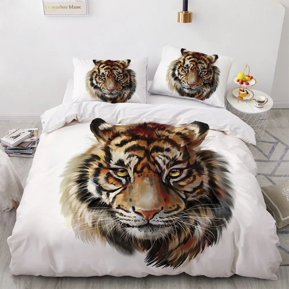 

3D Custom Design Animal Quilt Cover Sets Tiger Comforther Cases Pillow Covers King Queen Full Twin Double Size Gray Beddings