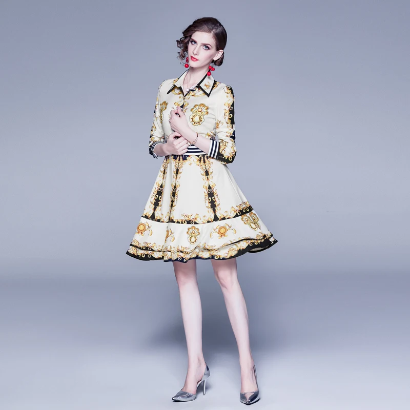 

2020 New Spring Autumn Women Long Sleeve Dress High-end Custom Retro Flowers Pattern Print Runway Shirt Dress Vintage Dress