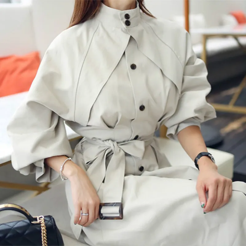 

Тренч с рукавом летучая мышь, осень-зима 2020, новая мода, приталенный темперамент, стройнящая, средней длины, профессиональная женская одежда